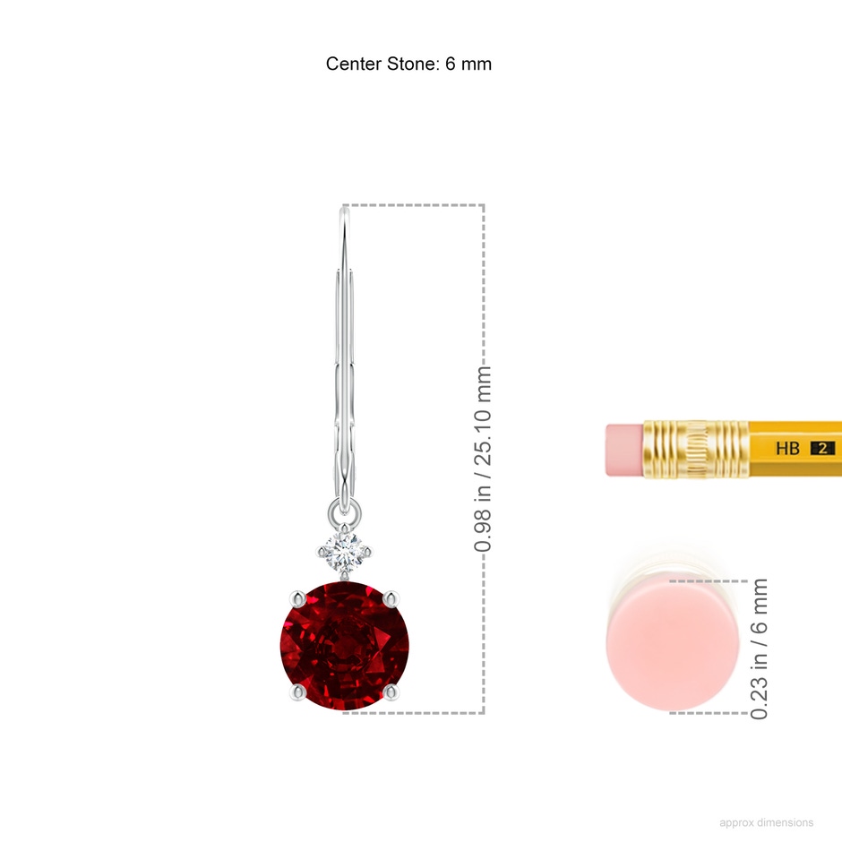 6mm AAAA Solitaire Ruby Dangle Earrings with Diamond in P950 Platinum ruler