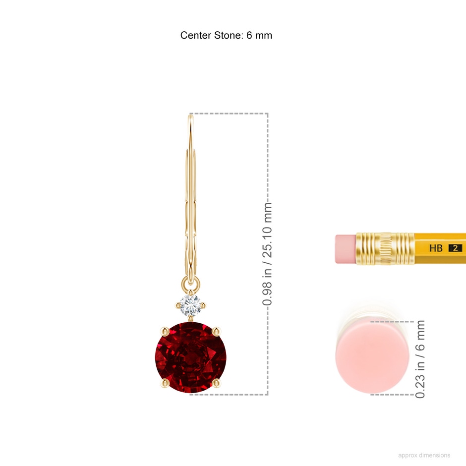 6mm AAAA Solitaire Ruby Dangle Earrings with Diamond in Yellow Gold ruler