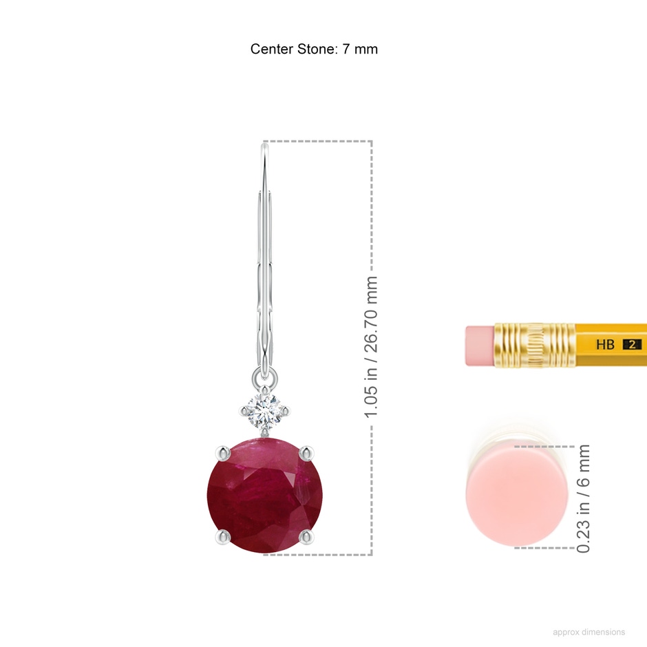 7mm A Solitaire Ruby Dangle Earrings with Diamond in White Gold ruler