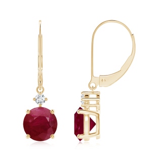7mm A Solitaire Ruby Dangle Earrings with Diamond in Yellow Gold