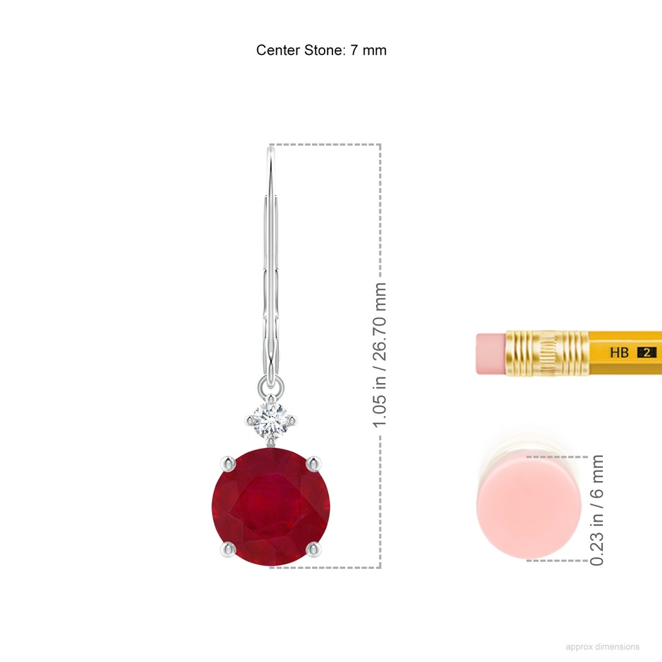 7mm AA Solitaire Ruby Dangle Earrings with Diamond in White Gold ruler