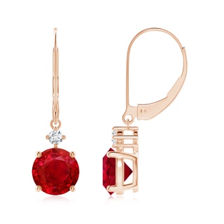 7mm AAA Solitaire Ruby Dangle Earrings with Diamond in 10K Rose Gold