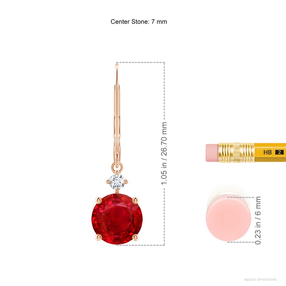 7mm AAA Solitaire Ruby Dangle Earrings with Diamond in Rose Gold ruler