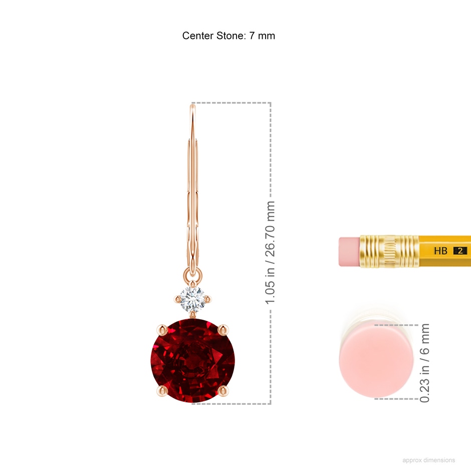 7mm AAAA Solitaire Ruby Dangle Earrings with Diamond in 18K Rose Gold ruler