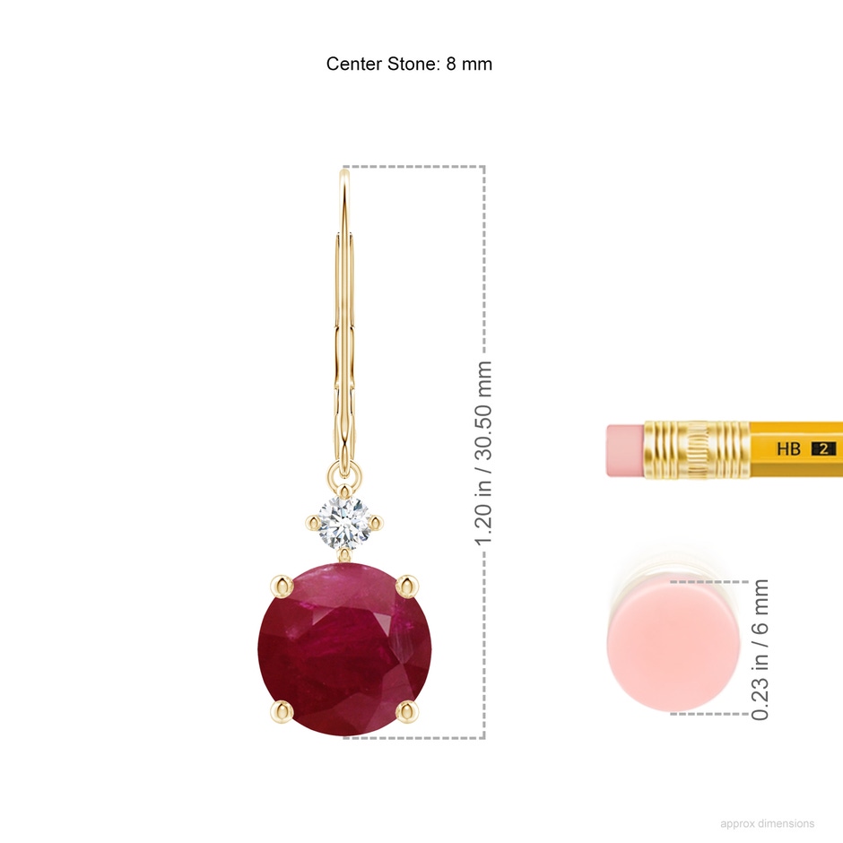 8mm A Solitaire Ruby Dangle Earrings with Diamond in Yellow Gold ruler