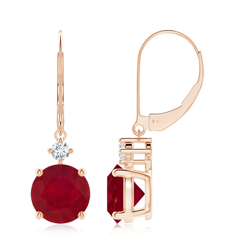 8mm AA Solitaire Ruby Dangle Earrings with Diamond in Rose Gold 