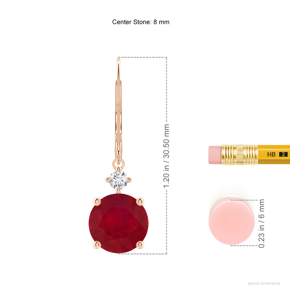 8mm AA Solitaire Ruby Dangle Earrings with Diamond in Rose Gold ruler