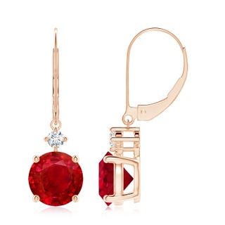 8mm AAA Solitaire Ruby Dangle Earrings with Diamond in 18K Rose Gold