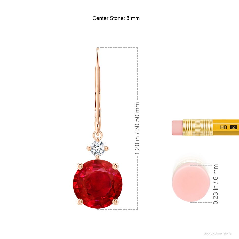 8mm AAA Solitaire Ruby Dangle Earrings with Diamond in 18K Rose Gold ruler