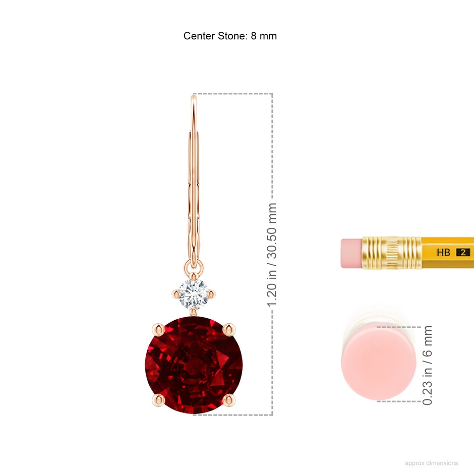 8mm AAAA Solitaire Ruby Dangle Earrings with Diamond in Rose Gold ruler