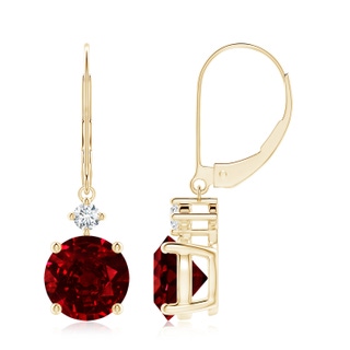 8mm AAAA Solitaire Ruby Dangle Earrings with Diamond in Yellow Gold