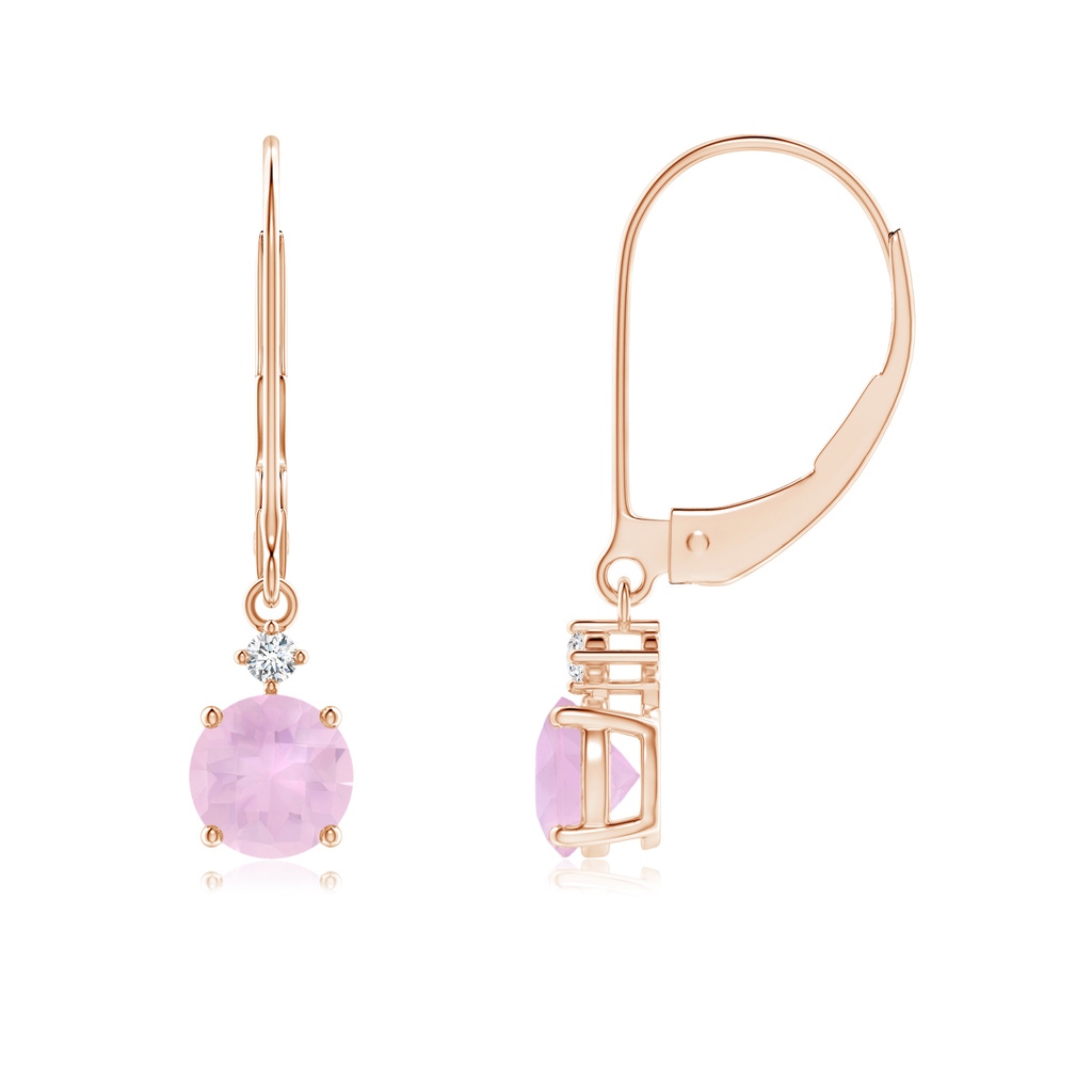 5mm AAAA Solitaire Rose Quartz Dangle Earrings with Diamond in Rose Gold