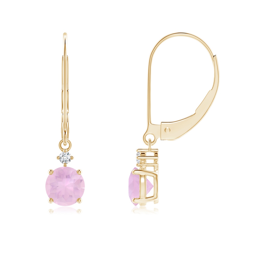 5mm AAAA Solitaire Rose Quartz Dangle Earrings with Diamond in Yellow Gold