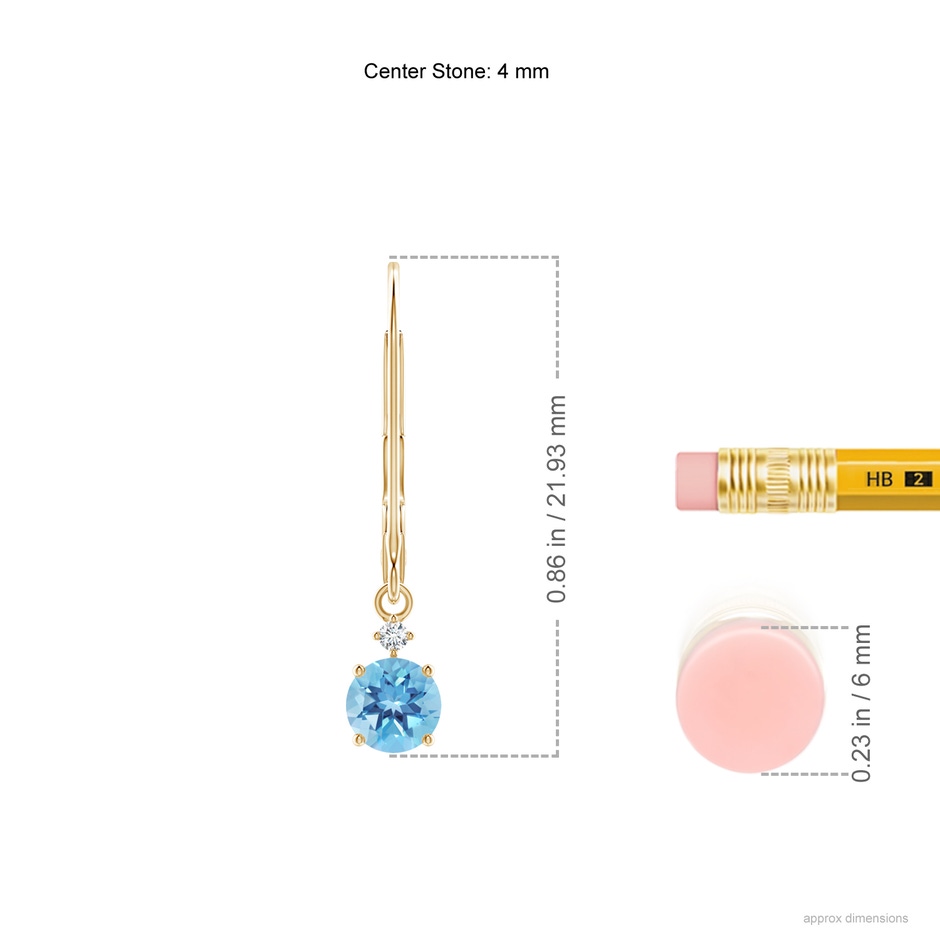4mm A Prong-Set Round Swiss Blue Topaz Leverback Dangle Earrings with Diamond in Yellow Gold ruler