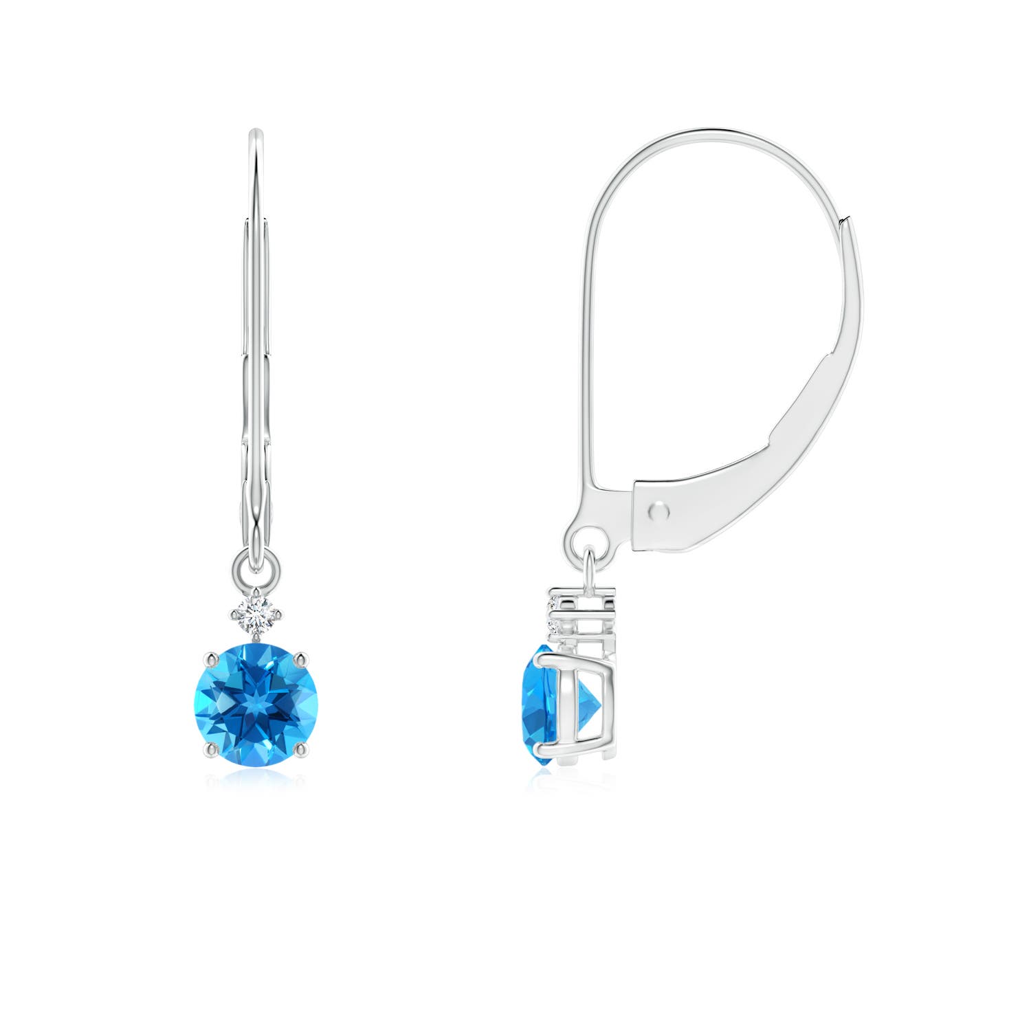 4mm AAAA Prong-Set Round Swiss Blue Topaz Leverback Dangle Earrings with Diamond in P950 Platinum
