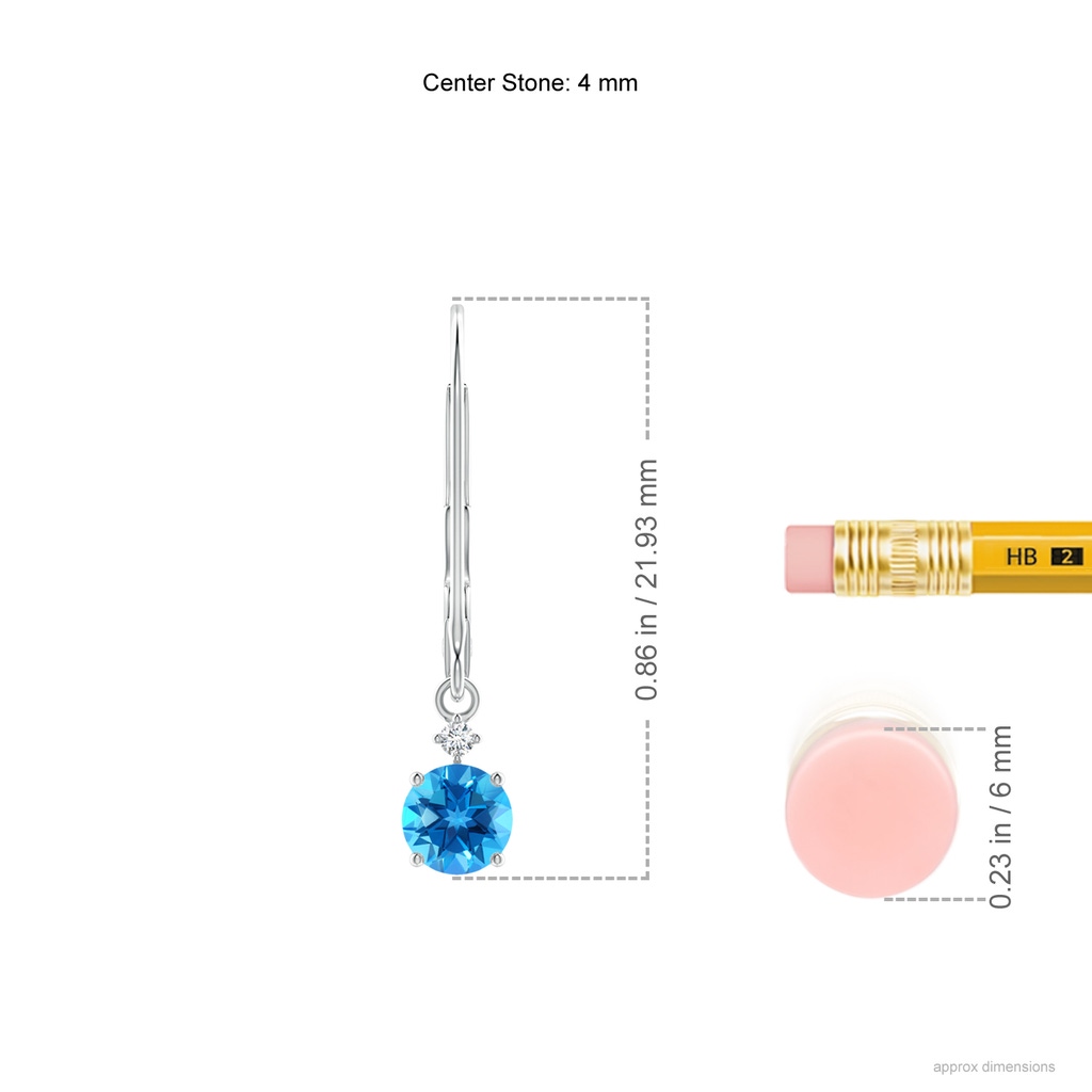 4mm AAAA Solitaire Swiss Blue Topaz Dangle Earrings with Diamond in P950 Platinum Ruler