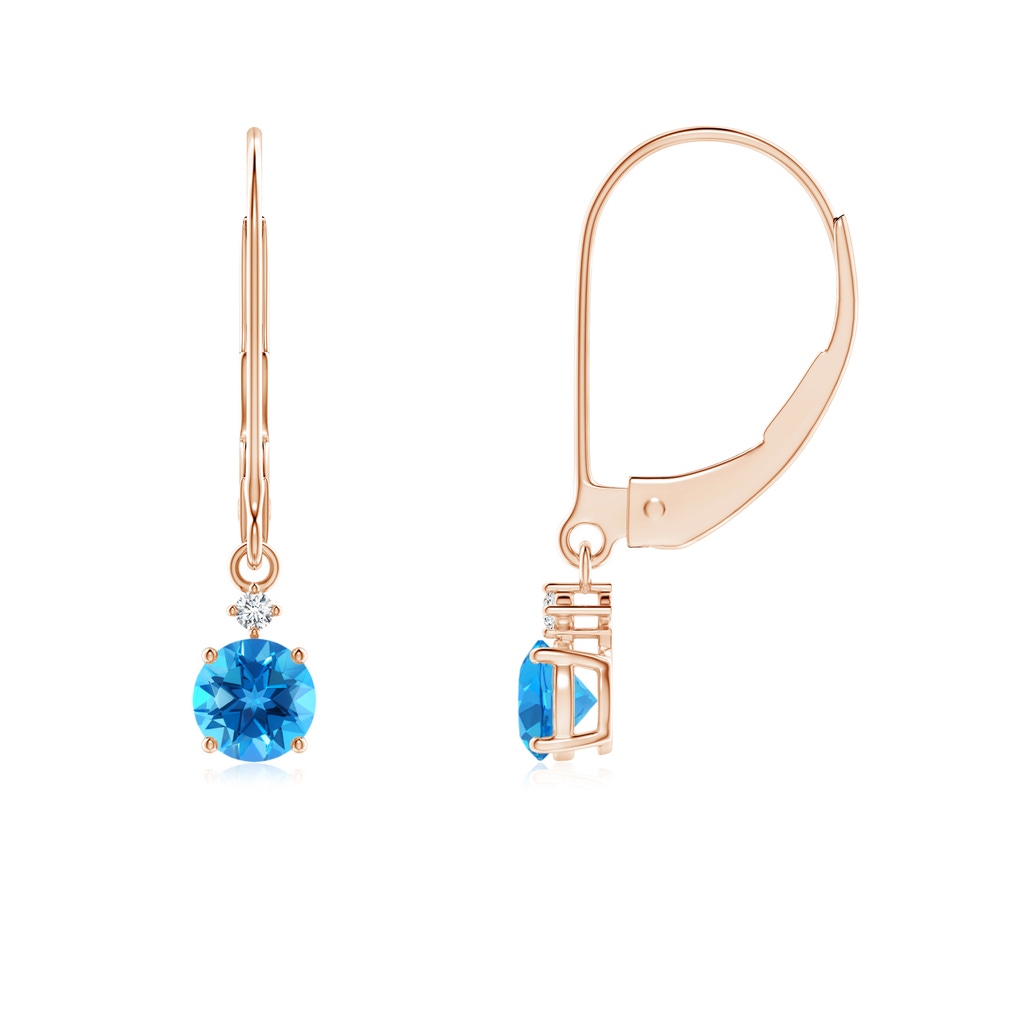 4mm AAAA Solitaire Swiss Blue Topaz Dangle Earrings with Diamond in Rose Gold
