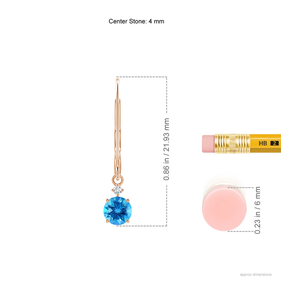4mm AAAA Solitaire Swiss Blue Topaz Dangle Earrings with Diamond in Rose Gold ruler