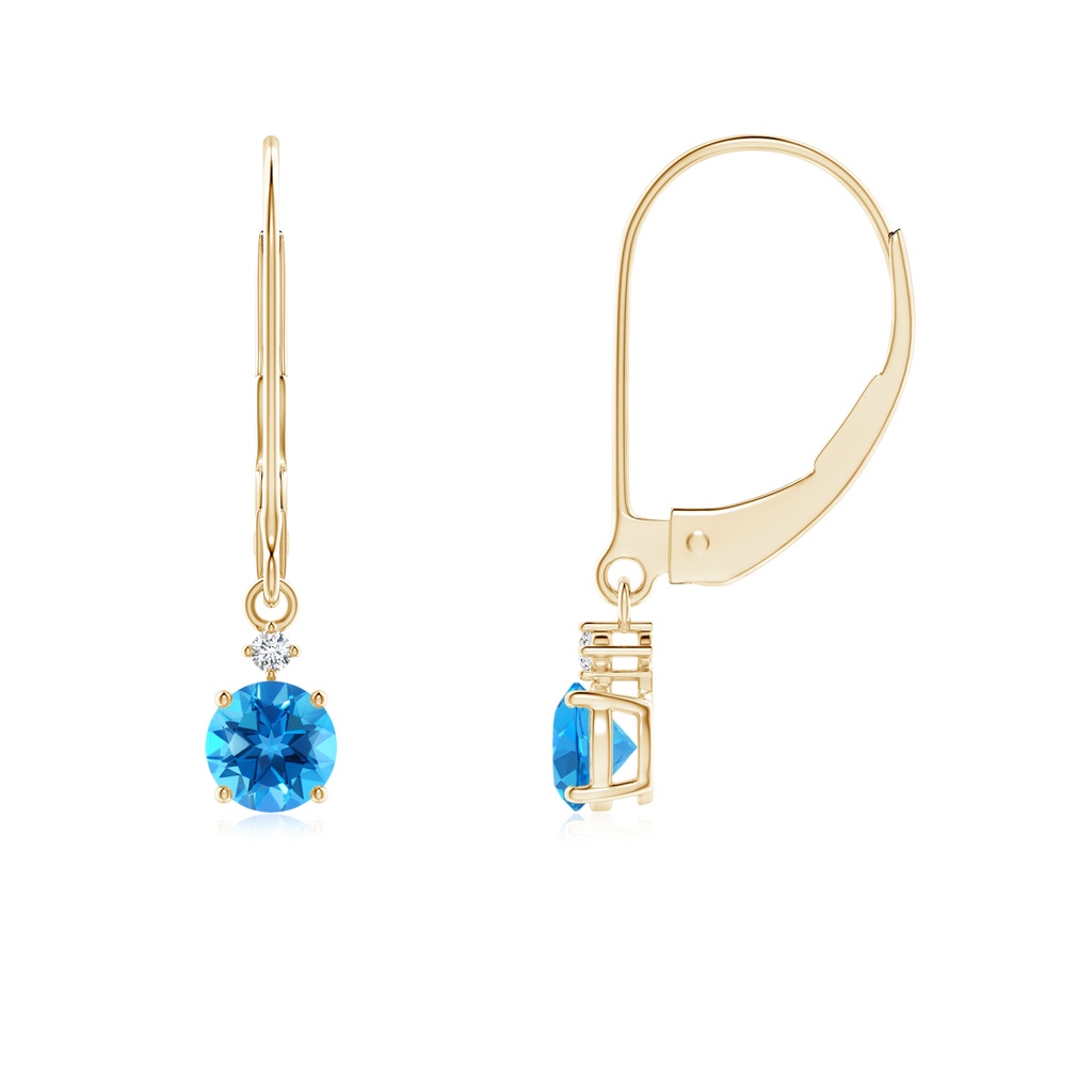 4mm AAAA Solitaire Swiss Blue Topaz Dangle Earrings with Diamond in Yellow Gold