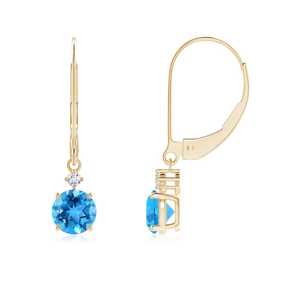 5mm AAA Solitaire Swiss Blue Topaz Dangle Earrings with Diamond in 9K Yellow Gold