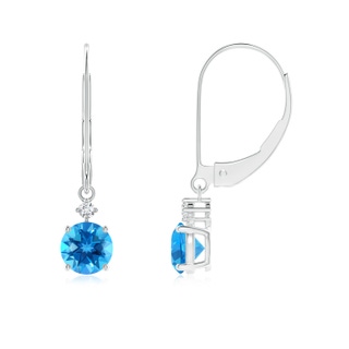 5mm AAAA Prong-Set Round Swiss Blue Topaz Leverback Dangle Earrings with Diamond in White Gold