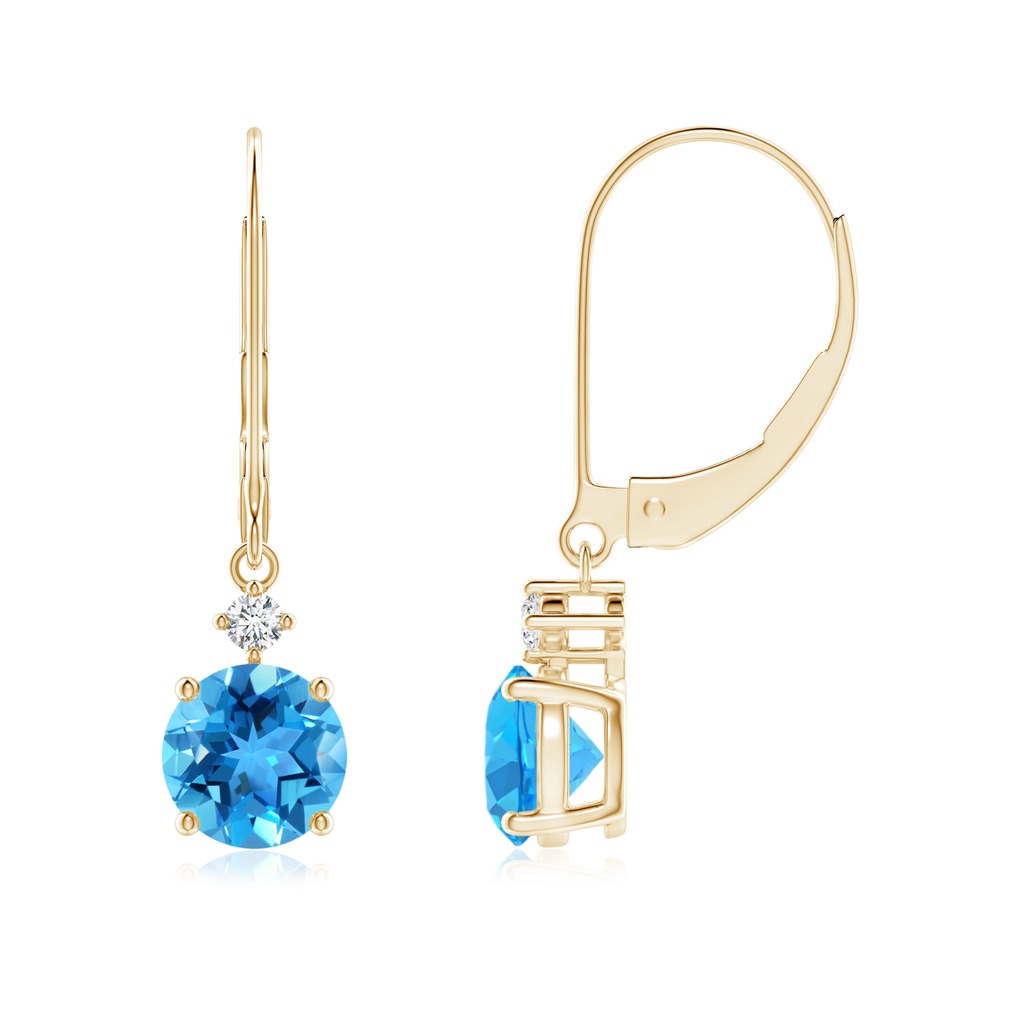 6mm AAA Solitaire Swiss Blue Topaz Dangle Earrings with Diamond in 10K Yellow Gold 