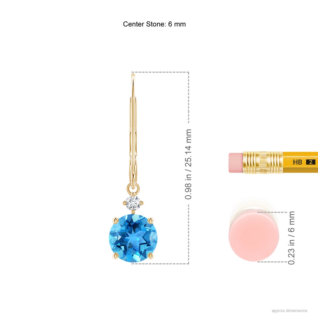 6mm AAA Solitaire Swiss Blue Topaz Dangle Earrings with Diamond in 10K Yellow Gold Ruler