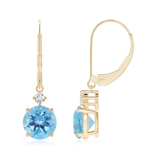 7mm A Prong-Set Round Swiss Blue Topaz Leverback Dangle Earrings with Diamond in Yellow Gold