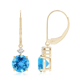 7mm AAA Solitaire Swiss Blue Topaz Dangle Earrings with Diamond in Yellow Gold