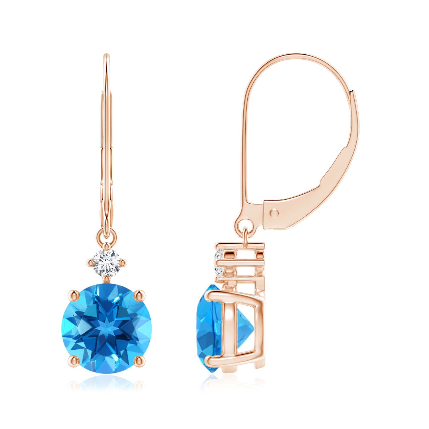 7mm AAAA Prong-Set Round Swiss Blue Topaz Leverback Dangle Earrings with Diamond in 18K Rose Gold