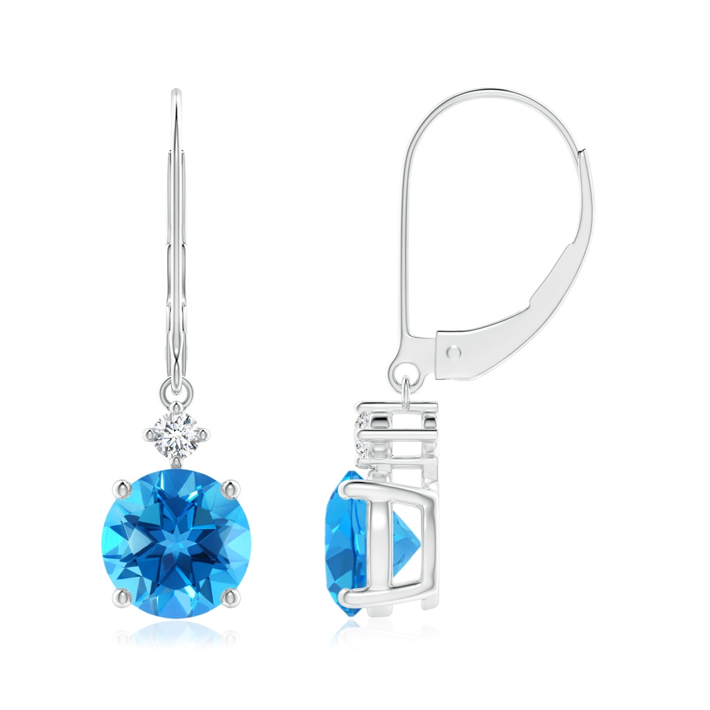 7mm AAAA Solitaire Swiss Blue Topaz Dangle Earrings with Diamond in P950 Platinum 