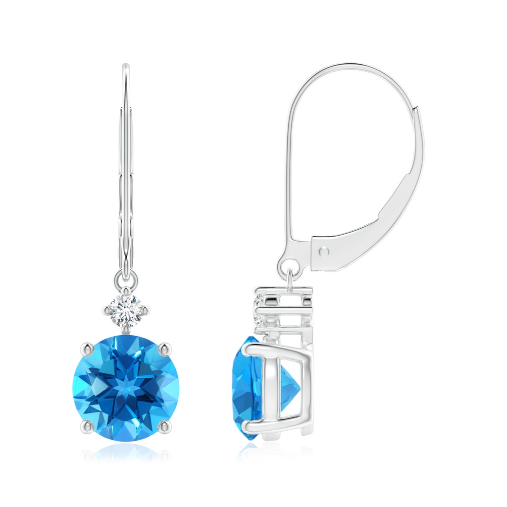 7mm AAAA Solitaire Swiss Blue Topaz Dangle Earrings with Diamond in White Gold