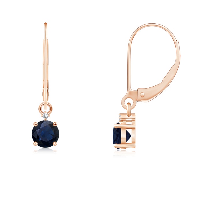 4mm A Solitaire Blue Sapphire Dangle Earrings with Diamond in Rose Gold 