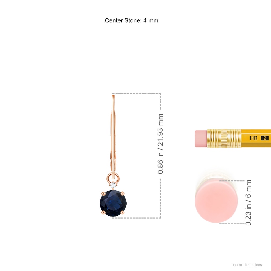 4mm A Solitaire Blue Sapphire Dangle Earrings with Diamond in Rose Gold ruler