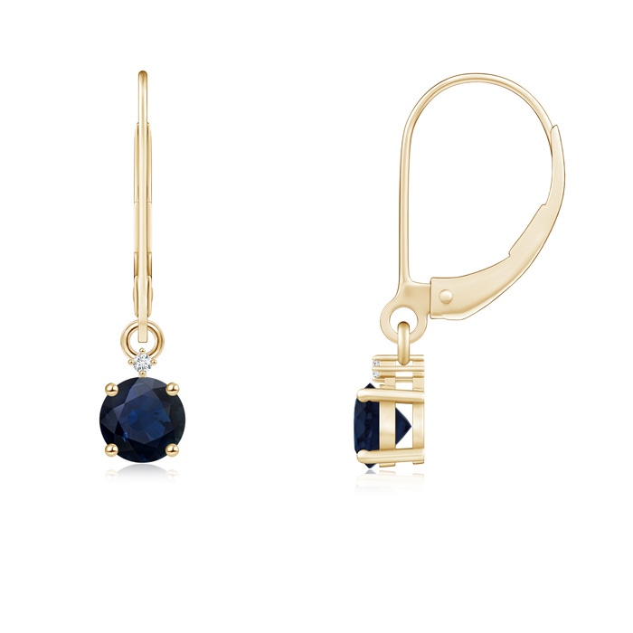 4mm A Solitaire Blue Sapphire Dangle Earrings with Diamond in Yellow Gold 