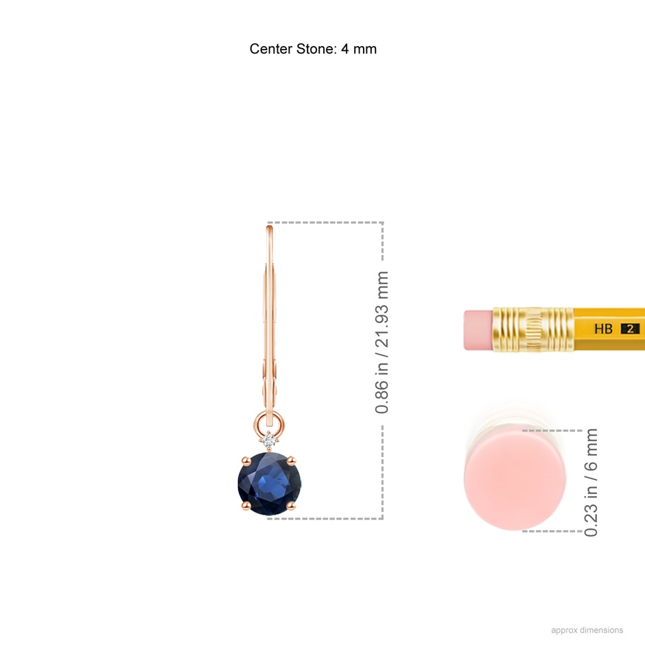 4mm AA Solitaire Blue Sapphire Dangle Earrings with Diamond in Rose Gold ruler