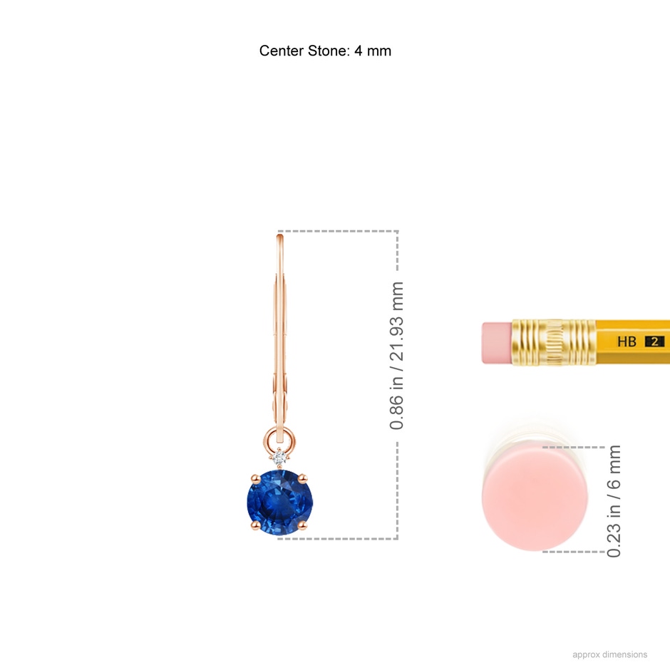 4mm AAA Solitaire Blue Sapphire Dangle Earrings with Diamond in Rose Gold ruler