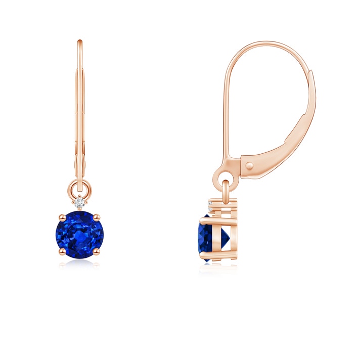 4mm AAAA Solitaire Blue Sapphire Dangle Earrings with Diamond in Rose Gold