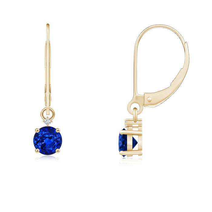 4mm AAAA Solitaire Blue Sapphire Dangle Earrings with Diamond in Yellow Gold