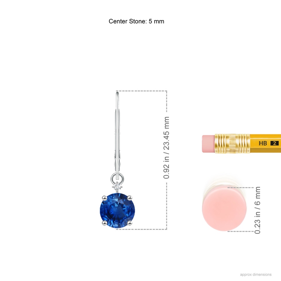 5mm AAA Solitaire Blue Sapphire Dangle Earrings with Diamond in White Gold ruler