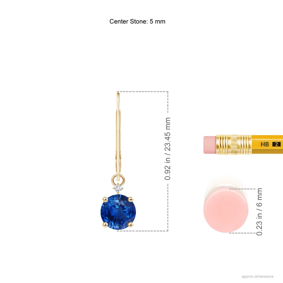5mm AAA Solitaire Blue Sapphire Dangle Earrings with Diamond in Yellow Gold ruler
