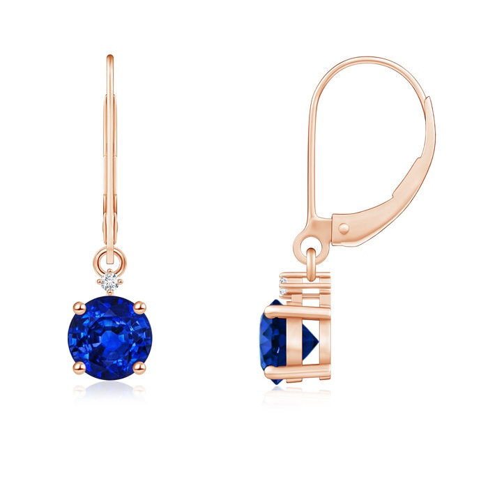 5mm AAAA Solitaire Blue Sapphire Dangle Earrings with Diamond in Rose Gold 