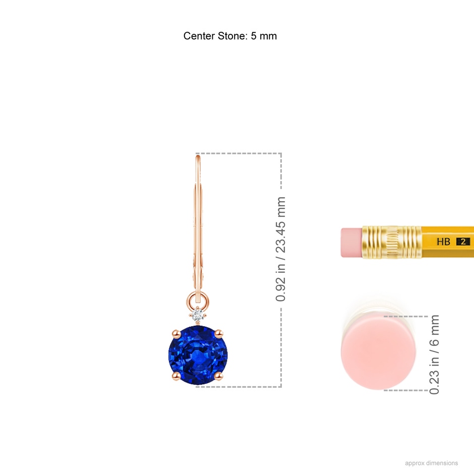 5mm AAAA Solitaire Blue Sapphire Dangle Earrings with Diamond in Rose Gold ruler