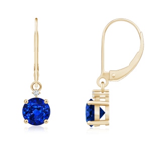 5mm AAAA Solitaire Blue Sapphire Dangle Earrings with Diamond in Yellow Gold
