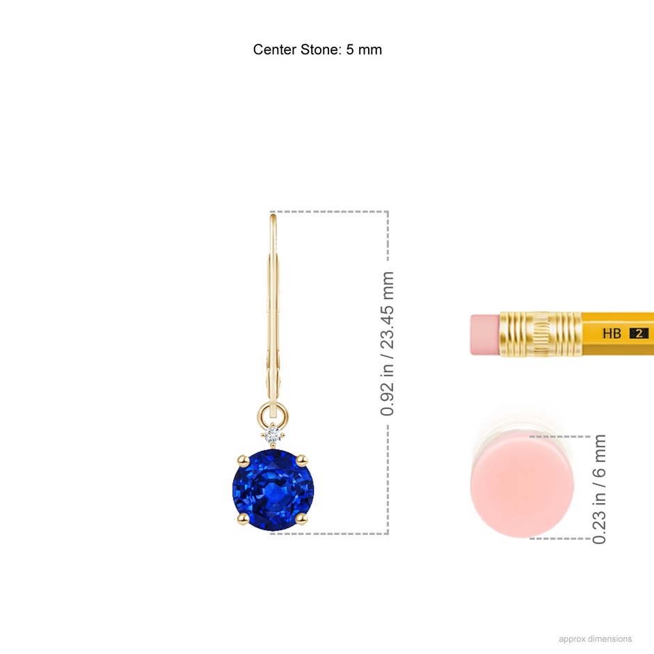 5mm AAAA Solitaire Blue Sapphire Dangle Earrings with Diamond in Yellow Gold ruler
