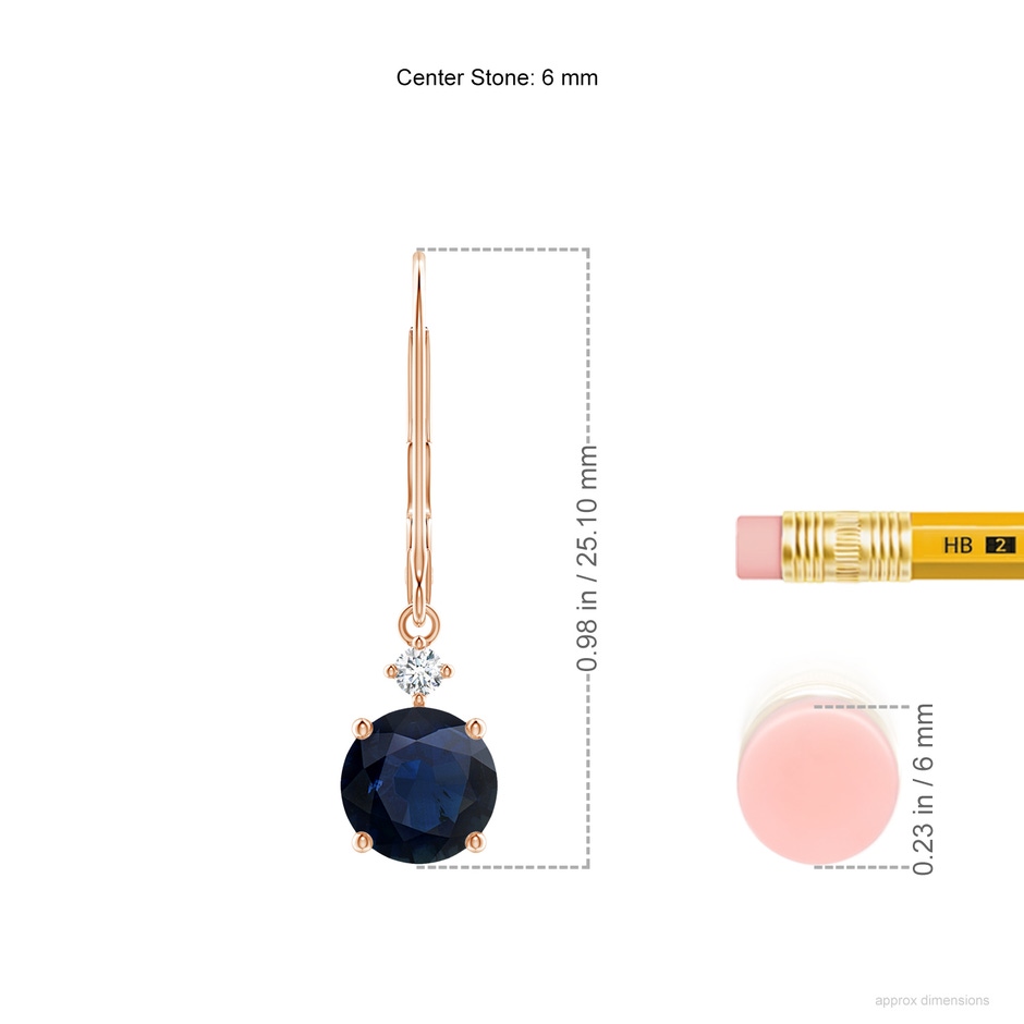 6mm A Solitaire Blue Sapphire Dangle Earrings with Diamond in Rose Gold ruler