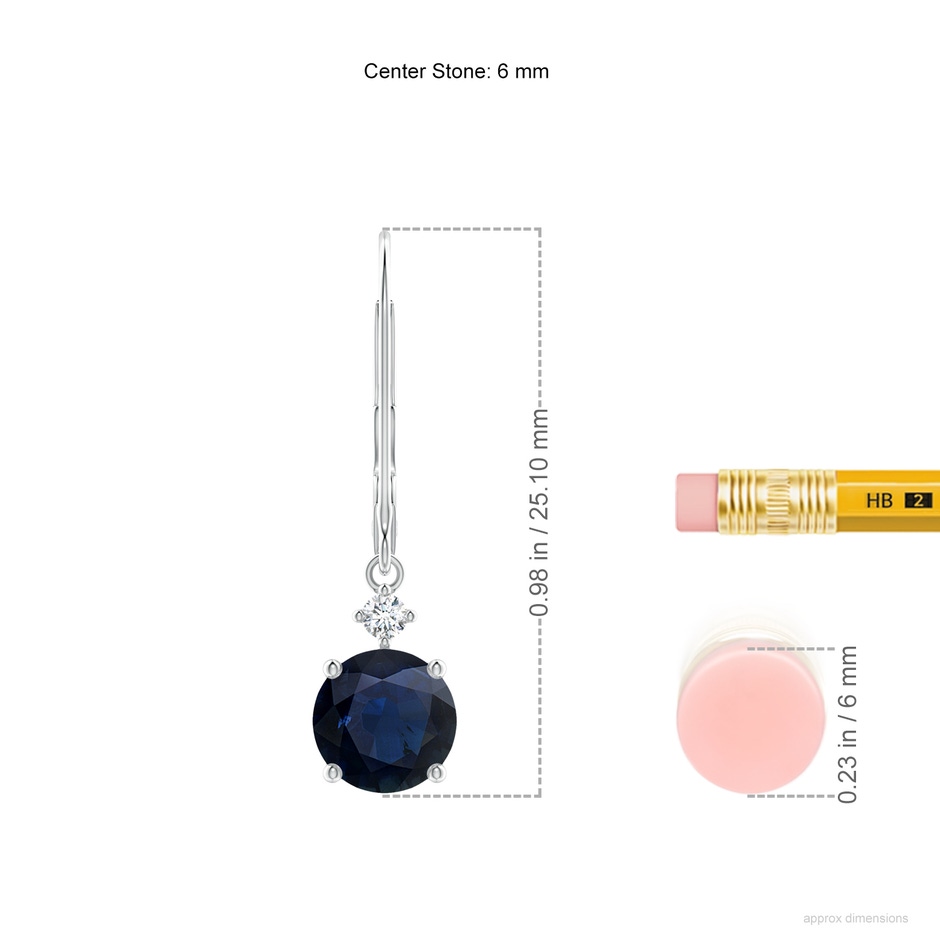 6mm A Solitaire Blue Sapphire Dangle Earrings with Diamond in White Gold ruler