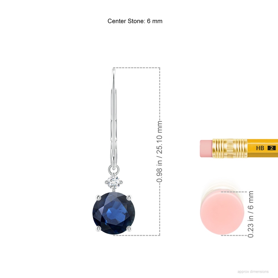 6mm AA Solitaire Blue Sapphire Dangle Earrings with Diamond in White Gold ruler