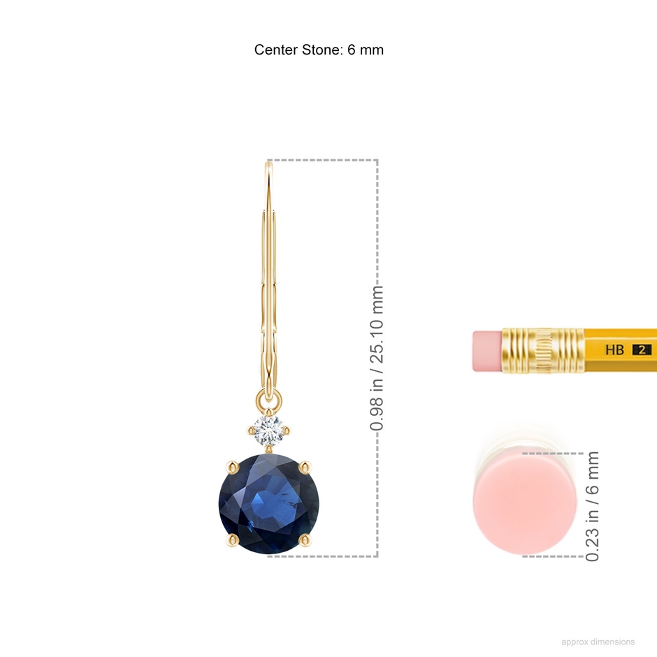 6mm AA Solitaire Blue Sapphire Dangle Earrings with Diamond in Yellow Gold ruler