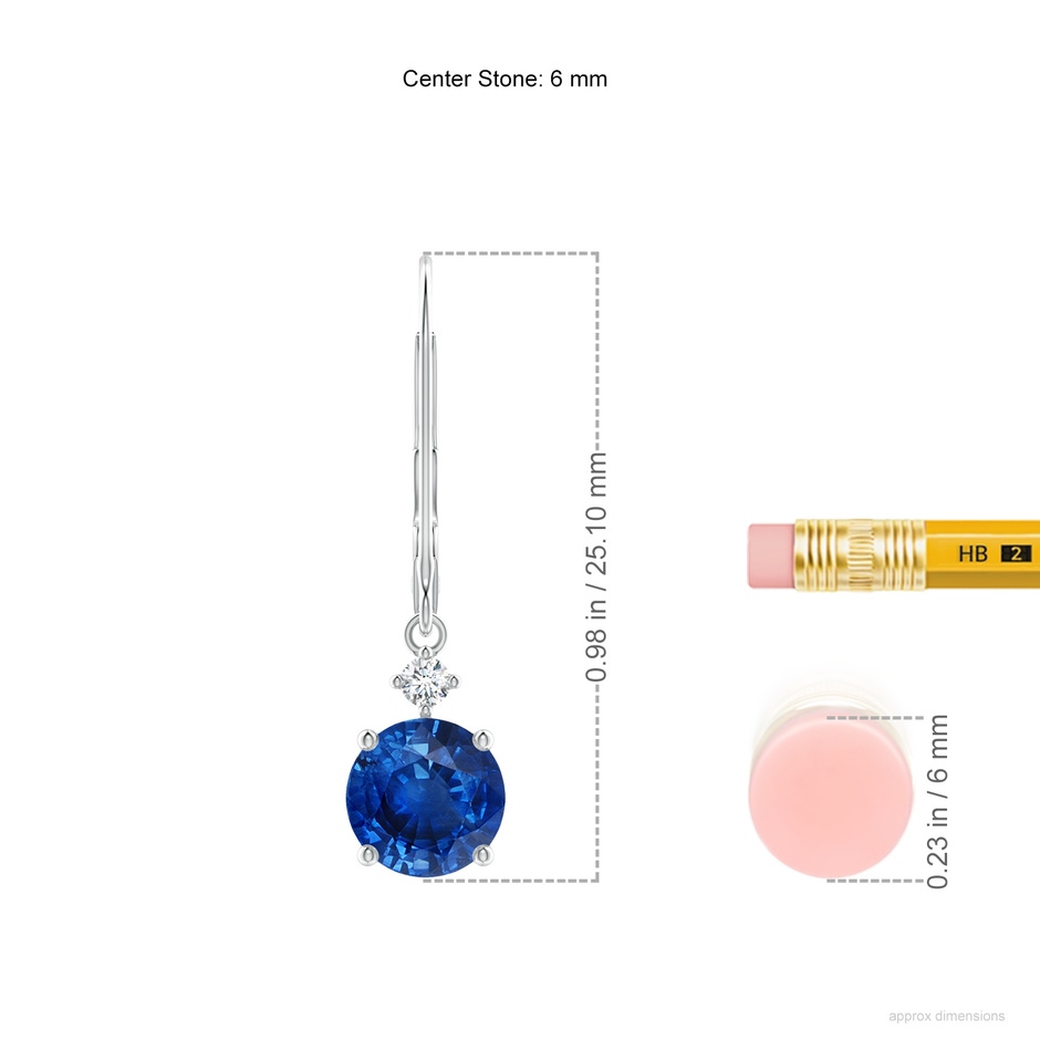 6mm AAA Solitaire Blue Sapphire Dangle Earrings with Diamond in P950 Platinum ruler